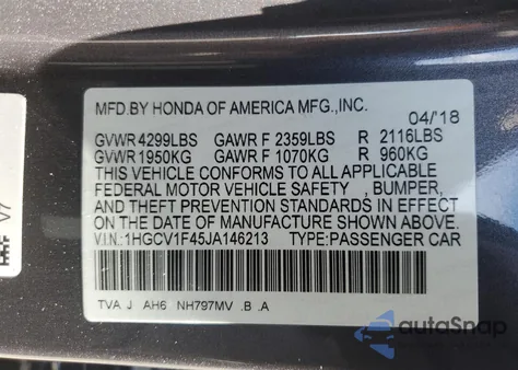 2018 Honda Accord Ex from USA, damaged, VIN 1HGCV1F45JA146213